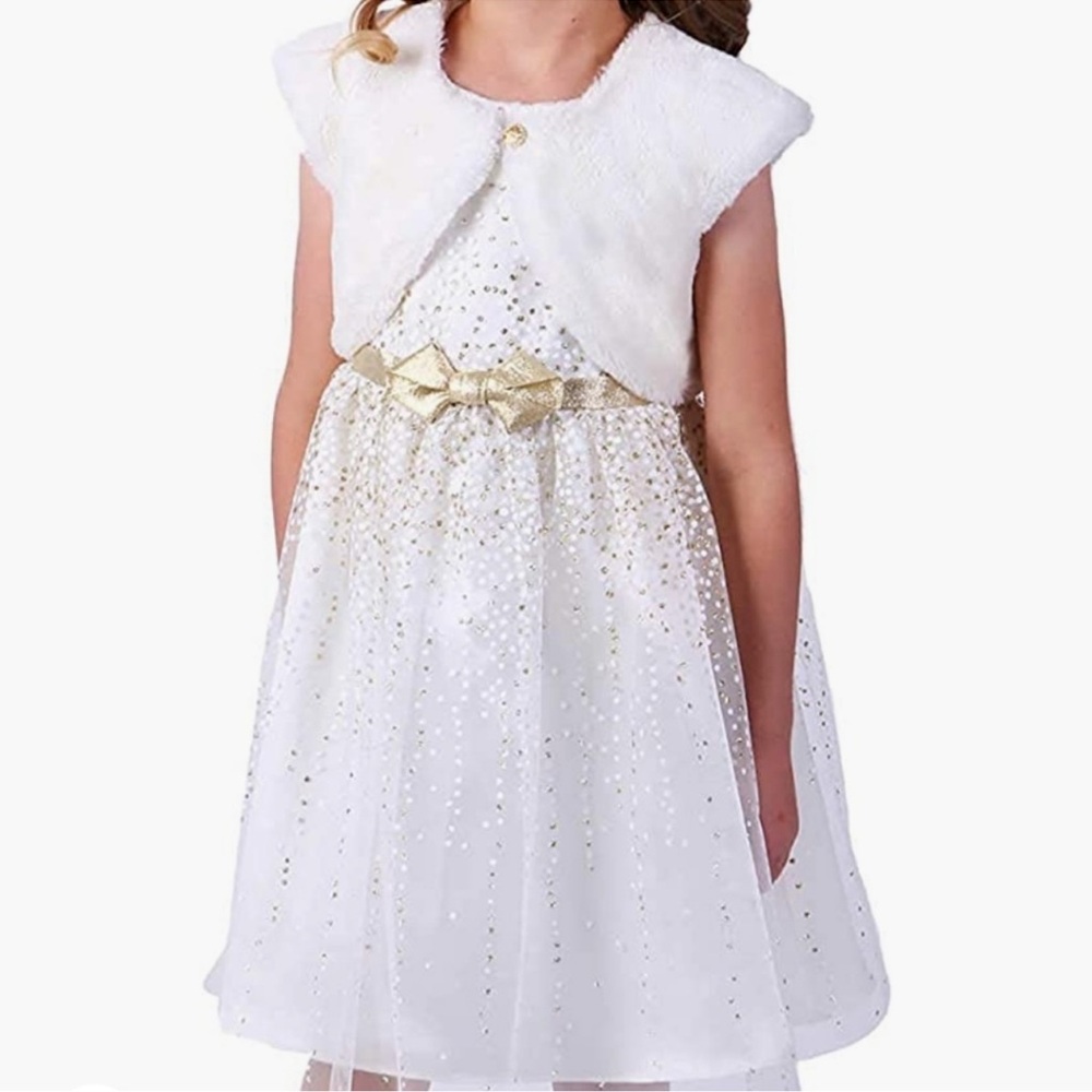 JONA MICHELLE Girls Tulle party dress with  Fur Jacket Ivory /Gold Size 12